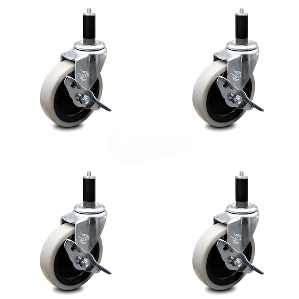 4 Inch Thermoplastic Wheel 1-1/8 Inch Expanding Stem Caster with Brakes, 4PK